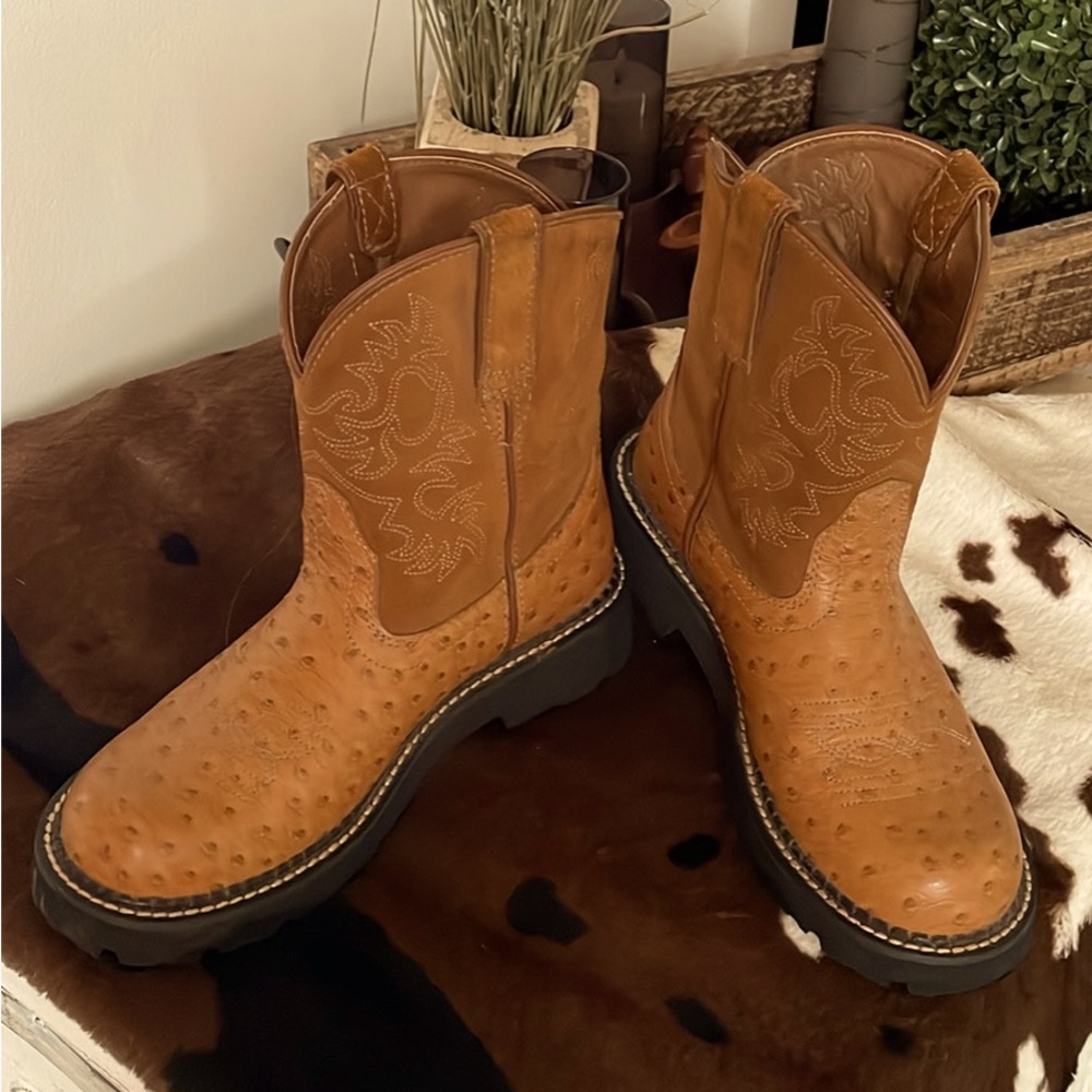 Ariat Fatbaby Boots Womens 14728 Ostrich Print Roper Cognac Western Size 6 1/2 B